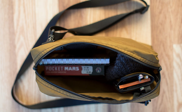 An open Small Ghost Whale Pouch in a Packing Cube Shoulder Bag.